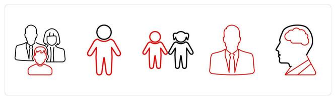 A set of 5 medical icons as family care, child patient, children in red line color vector