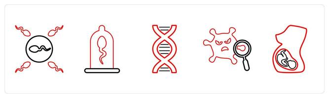 A set of 5 medical icons as sperm and egg, protection, dna in red line color vector