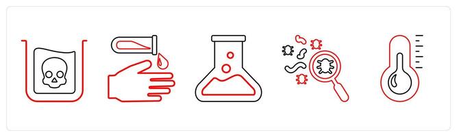A set of 5 medical icons as danger, alert, laboratory in red line color vector