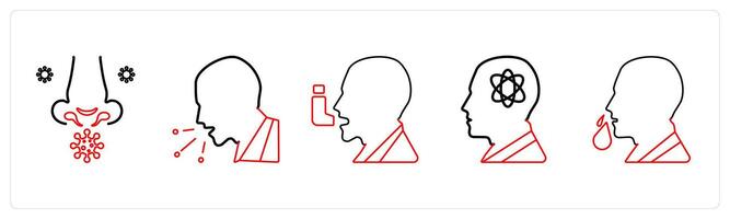A set of 5 medical icons as allergy, cough, asthma in red line color vector