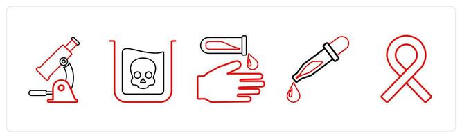 A set of 5 medical icons as microscope, danger, alert in red line color vector