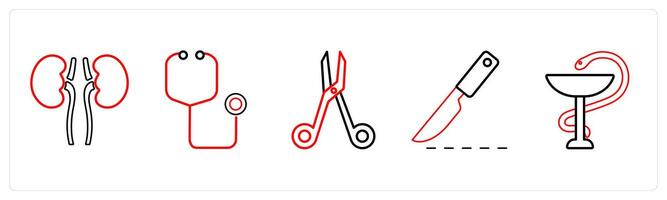 A set of 5 medical icons as pulmonology, stethoscope, bandage scissors in red line color vector