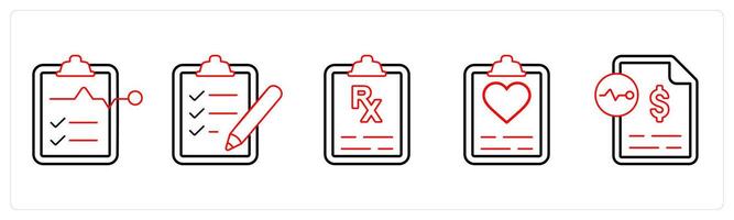 A set of 5 medical icons as medical tests, appointment request, prescription in red line color vector
