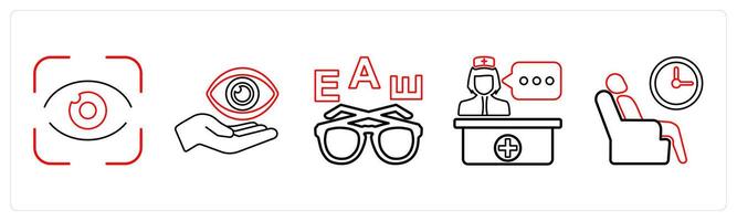 A set of 5 medical icons as eye scan, eye care, eye test in red line color vector