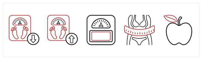 A set of 5 medical icons as weight loss, weight increase, weight management in red line color vector