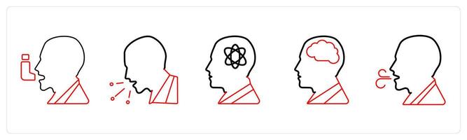 A set of 5 medical icons as asthma, cough, dizziness in red line color vector
