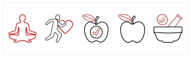 A set of 5 medical icons as yoga, exercise, patient food in red line color vector