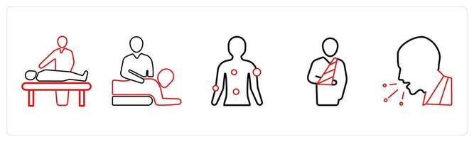 A set of 5 medical icons as patient visitor, physical medicine, symptom checker in red line color vector