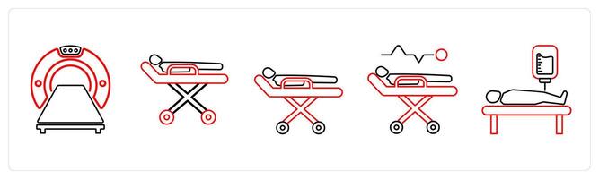 A set of 5 medical icons as computer tomography, stretcher, medical treatment in red line color vector