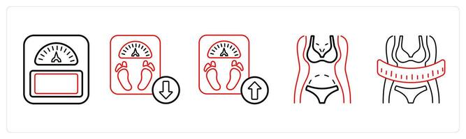 A set of 5 medical icons as weight management, weight loss, weight increase in red line color vector