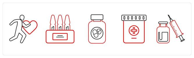 A set of 5 medical icons as exercise, ampoule, medication color vector