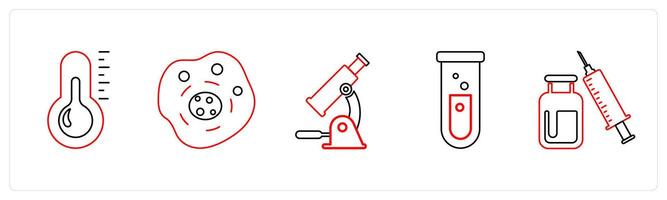 A set of 5 medical icons as thermometer, human cell, microscope in red line color vector