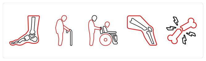 A set of 5 medical icons as numbness and tingling in feet, geriatrics, handicapped patient in red line color vector