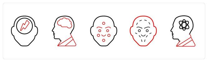 A set of 5 medical icons as headache, neurology, dermatology in red line color vector