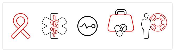 A set of 5 medical icons as plastic surgery, symptom checker, facial plastic surgery in red line color vector