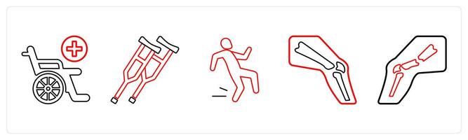A set of 5 medical icons as wheelchair, crutches, accident in red line color vector