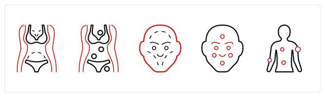 A set of 5 medical icons as awareness ribbon, caduceus, first aid in red line color vector