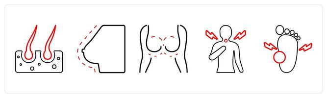 A set of 5 medical icons as dermatology, breast reduction, breast augmentation in red line color vector