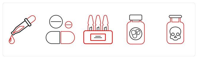 A set of 5 medical icons as chemical dropper, pills, ampoule in red line color vector