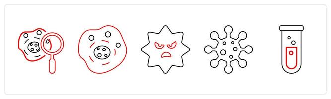 A set of 5 medical icons as biochemistry, human cell, virus in red line color vector