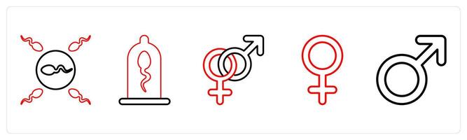 A set of 5 medical icons as sperm and egg, protection, gender symbols in red line color vector