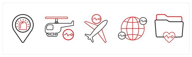 A set of 5 medical icons as ambulance location, air ambulance, air medical services in red line color vector