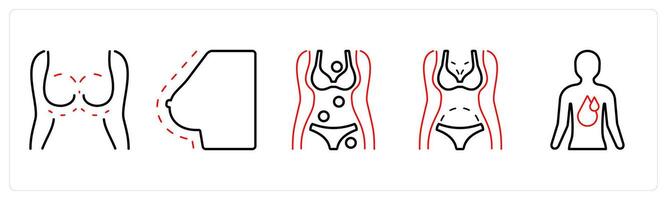 A set of 5 medical icons as breast augmentation, breadt reduction, symptom checker in red line color vector