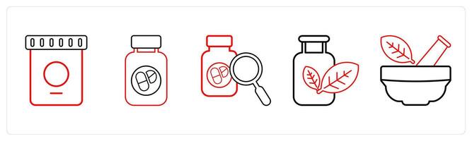 A set of 5 medical icons as pharmaceutical drugs, medication, search for drug in red line color vector