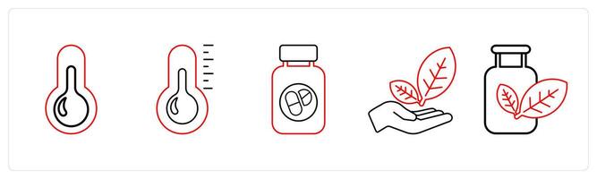 A set of 5 medical icons as fever, thermometer, medication in red line color vector