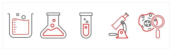A set of 5 medical icons as lab beaker, laboratory, test tube in red line color vector
