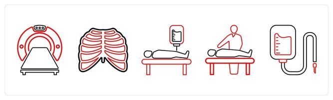 A set of 5 medical icons as computer tomopgraphy, radiology, blood transfusion in red line color vector