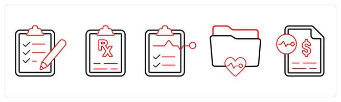 A set of 5 medical icons as appointment request, prescription, medical tests in red line color vector