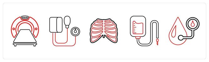A set of 5 medical icons as computer tomography, blood pressure kit, radiology in red line color vector
