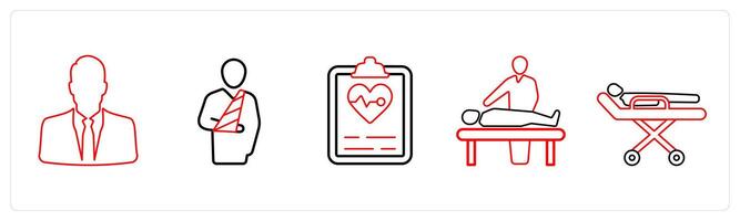 A set of 5 medical icons as man, broken arm, medical report in red line color vector