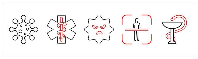 A set of 5 medical icons as infection, caduceus, virus in red line color vector