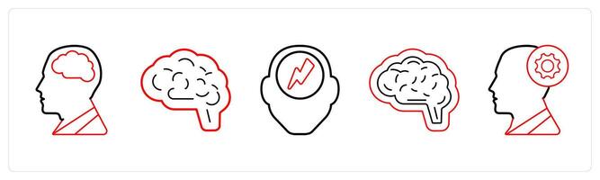A set of 5 medical icons as neurology, human brain, headache in red line color vector