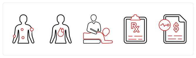 A set of 5 medical icons as symptom checker, internal bleeding, physical medicine in red line color vector