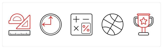 A set of 5 School icons as stationery, time, calculator in red line color vector