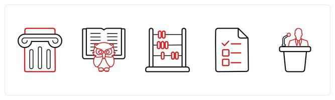 A set of 5 School icons as podium, smart class, abacus in red line color vector