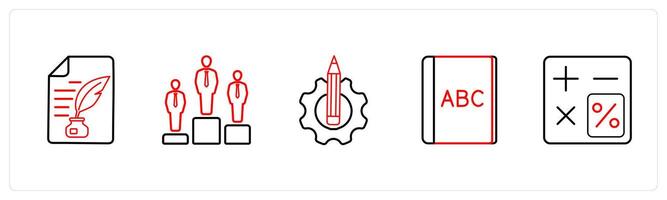 A set of 5 School icons as authorship, rank, write in red line color vector