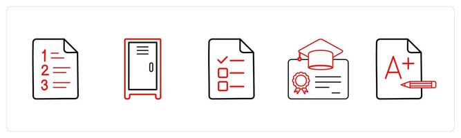 A set of 5 School icons as examination sheet, locker, exam in red line color vector