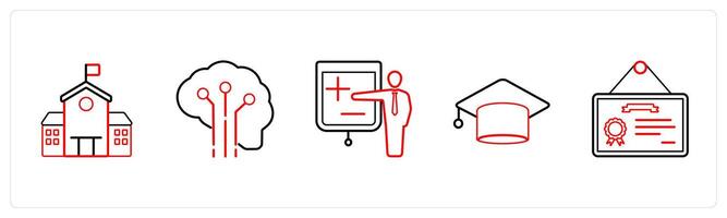 A set of 5 School icons as school, creative brain, lecture in red line color vector