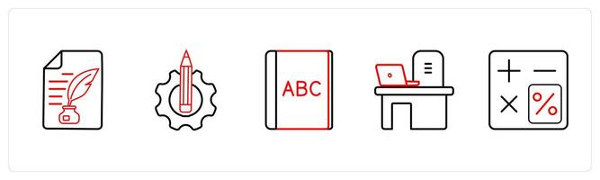 A set of 5 School icons as authorship, write, alphabet in red line color vector