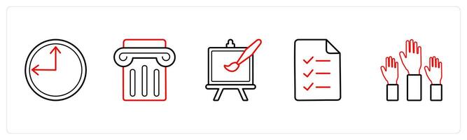 A set of 5 School icons as time, podium, drawing in red line color vector