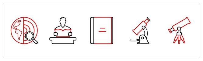 A set of 5 School icons as earth, study, book in red line color vector
