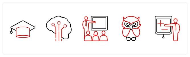A set of 5 School icons as graduate, creative brain, class in red line color vector