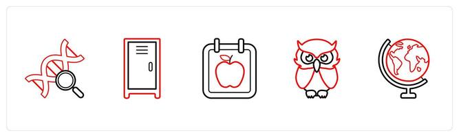 A set of 5 School icons as dna search, locker, schedule in red line color vector