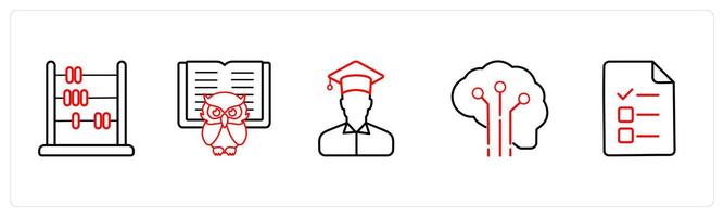 A set of 5 School icons as abacus, smart class, graduate in red line color vector