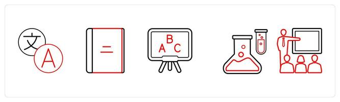 A set of 5 School icons as courses, book, class in red line color vector