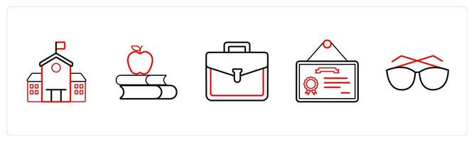 A set of 5 School icons as school, library, school bag in red line color vector